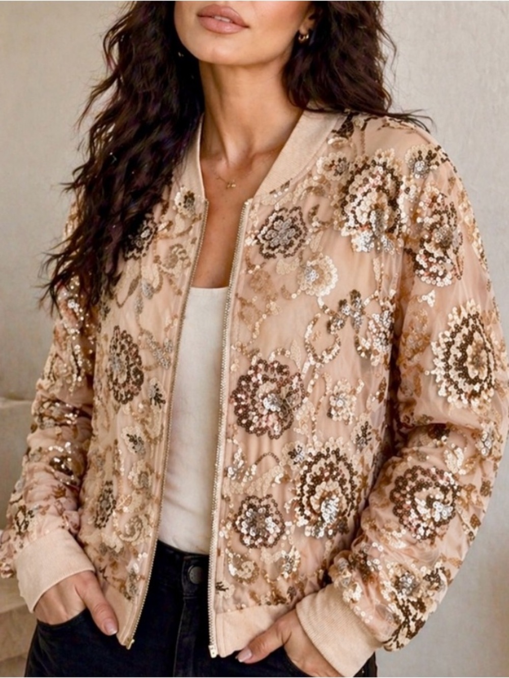 Chico’s NEW Luxury Sequin Bomber Jacket Glam Bohemian Chic Luxe